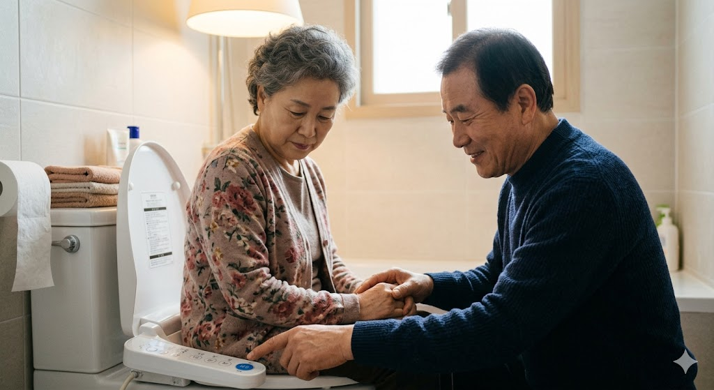 치매 환자 아내에게 비데를 활용해 위생 케어를 돕는 보호자의 모습