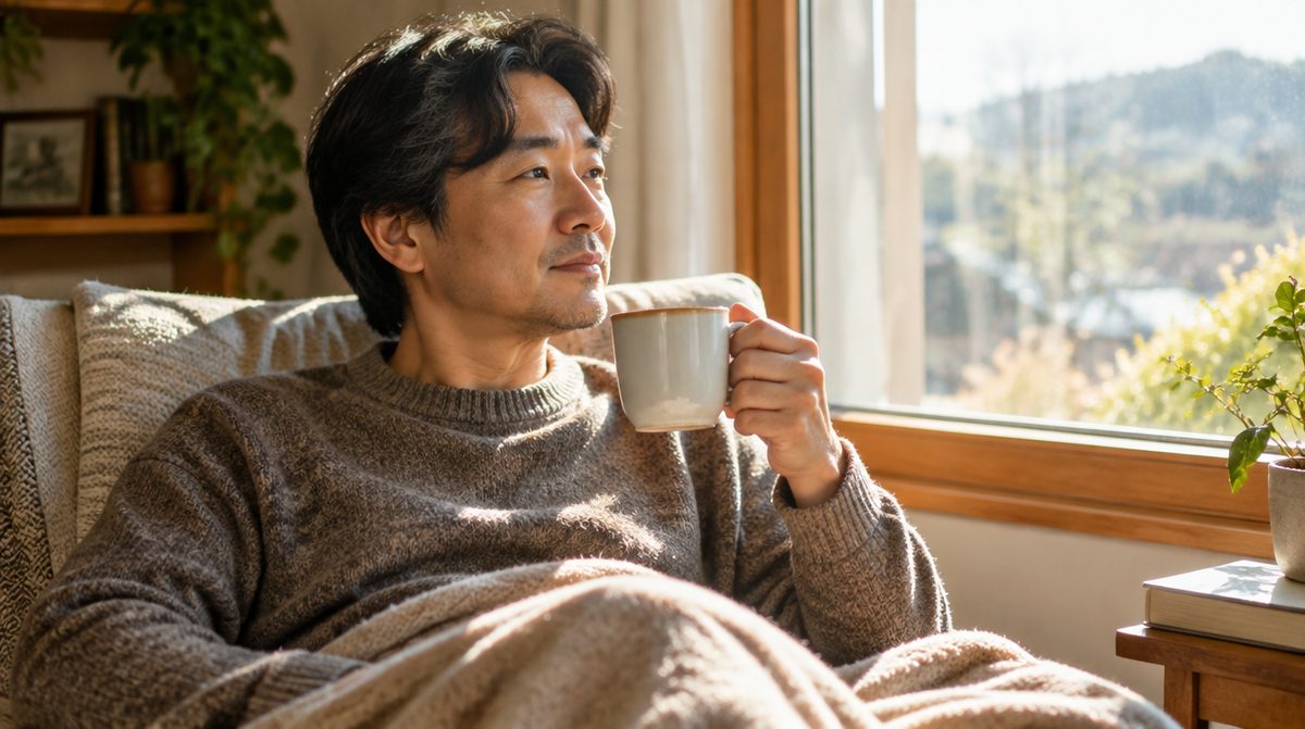 겨울 추위 속 창가에서 따뜻한 차를 드는 편마비 남성