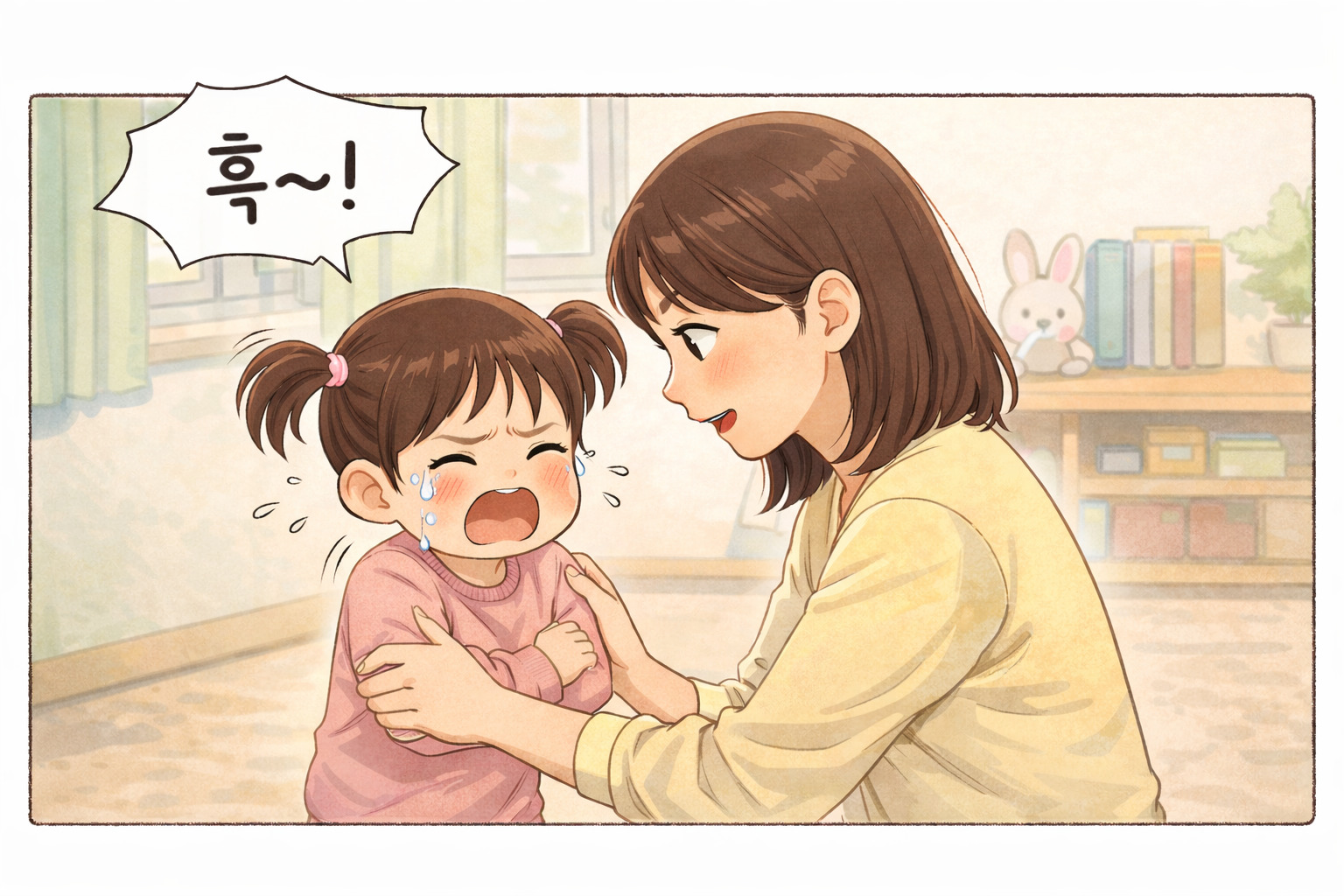 a화가 난 아이를 엄마가 부드럽게 안아주며 진정시키는 모습을 그린 만화