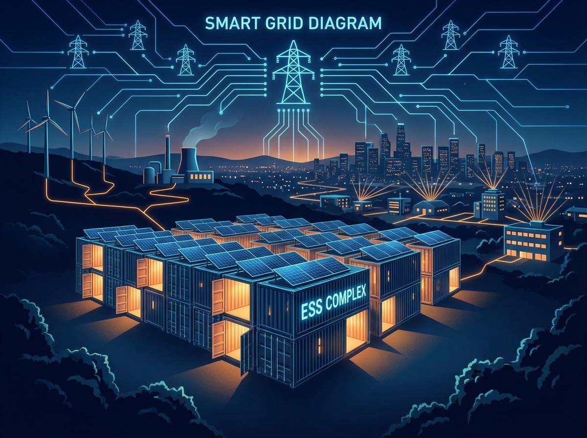 거대한 컨테이너 형태의 에너지저장장치(ESS) 단지가 밤을 밝히는 모습, 복잡하고 정교하게 연결된 스마트 그리드 전력망 회로도 일러스트