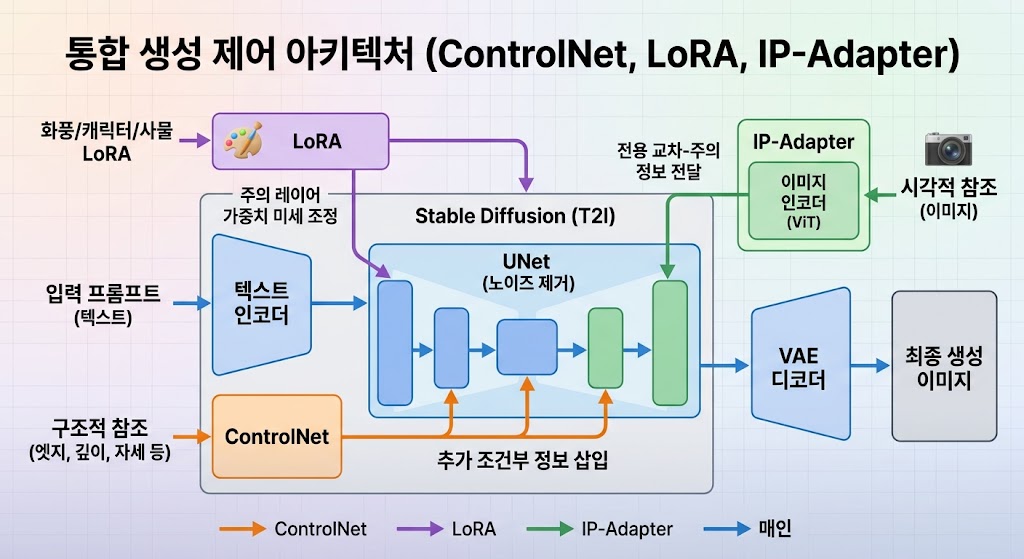 ControlNet 의 공간 제어, LoRA 의 특징 학습, IP-Adapter 의 이미지 참조가 결합된 캐릭터 일관성 유지 아키텍처 구조도