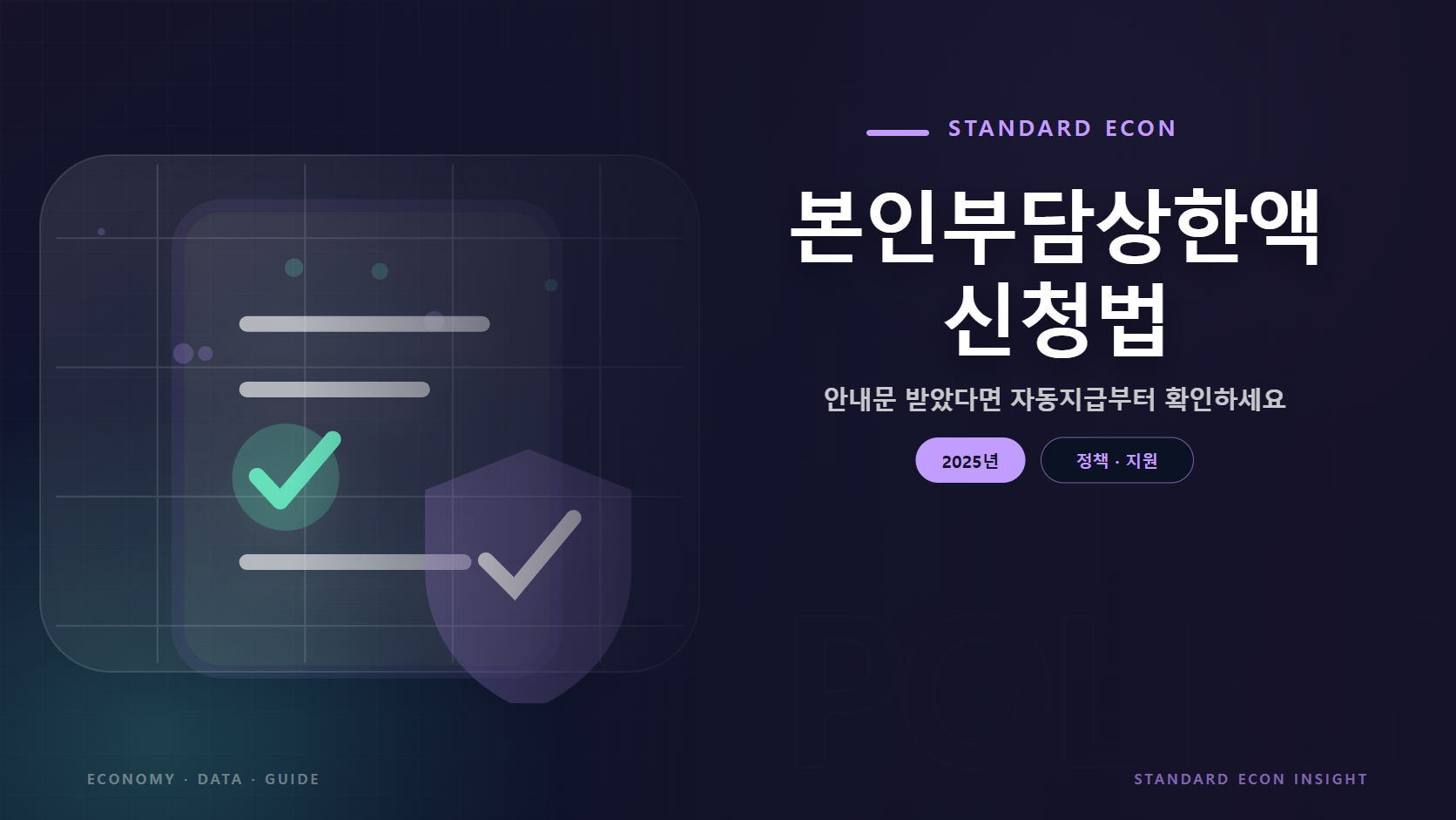 본인부담상한액 신청법 문구와 정책 문서와 체크, 보호 방패 그래픽 요소를 담은 정책 · 지원 경제 콘텐츠 대표 이미지