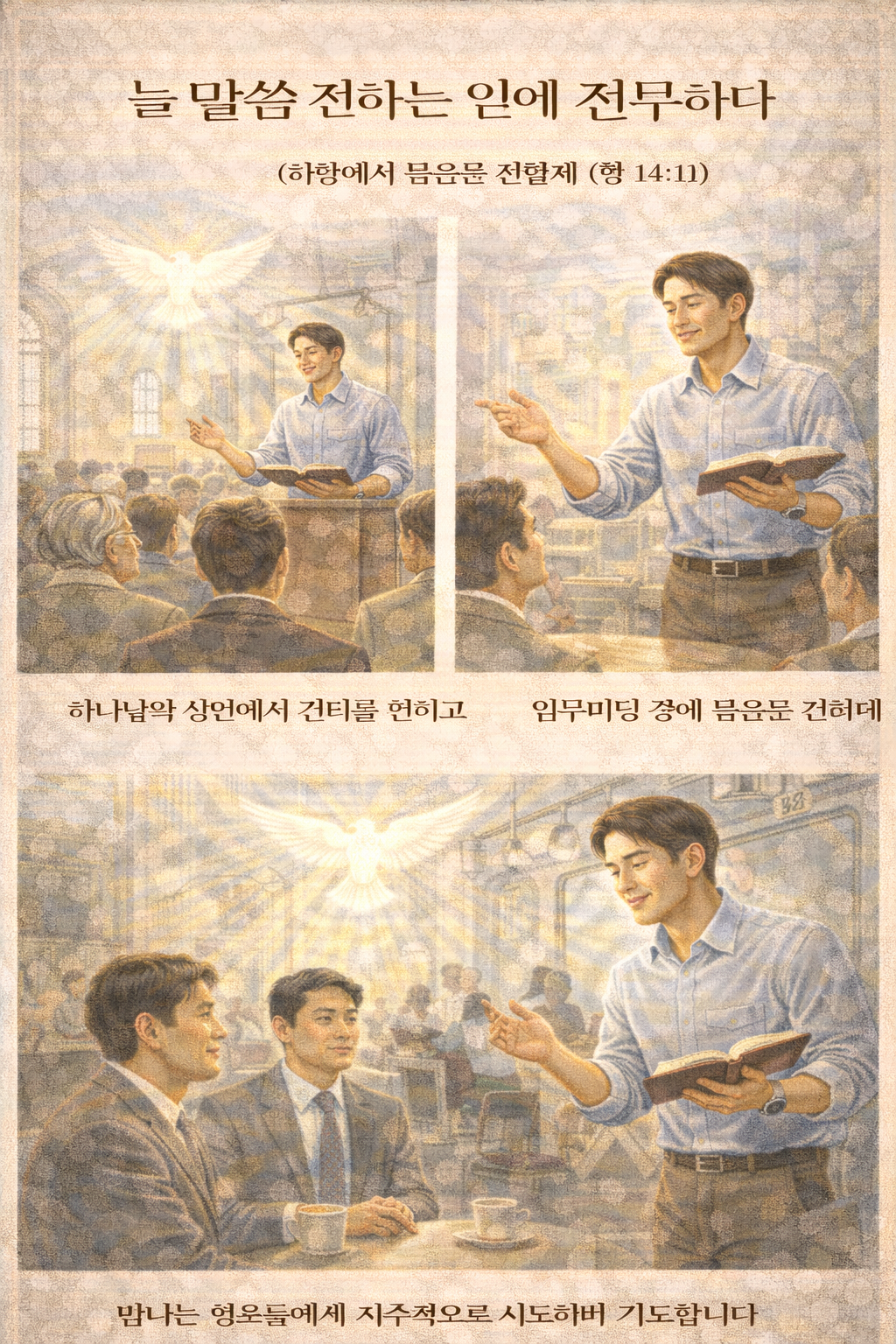 행14:1 말씀을 보며&amp;#44; 바울과 바나바가 늘 회당에서 말씀 전하는 일을 지속한 것처럼 저도 하나님의 성전에서 늘 말씀과 진리를 전하는 일에 드려질 것을 생각했고&amp;#44; 나 자신이 늘 말씀 전하는 일에 전무할 수 있도록 기도하며&amp;#44; 오늘 많은 업무미팅으로 만나는 사람들 앞에서&amp;#44; 그리고 이동하는 중에 만나는 영혼들에게 말씀 전하려는 선한 시도를 3회 이상 지속하는 모습입니다.