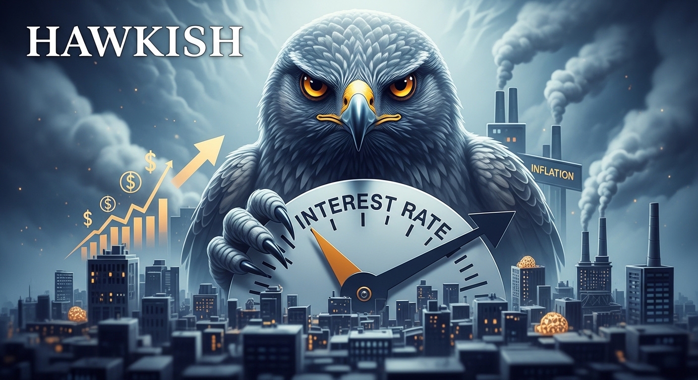 금리 인상 다이얼을 돌리고 있는 매파적 중앙은행을 상징하는 거대한 매와 물가 안정 노력으로 통제되는 도시 풍경