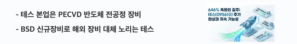 테스 주가 전망: ’테스 본업은 PECVD 반도체 전공정 장비'라는 문구가 포함된 웹배너 이미지. 이 이미지는 테스의 PECVD 전공정 장비 사업과 BSD 신규장비 모멘텀을 시각적으로 전달하며, 블로그의 테스 사업 구조와 관련된 내용을 설명함