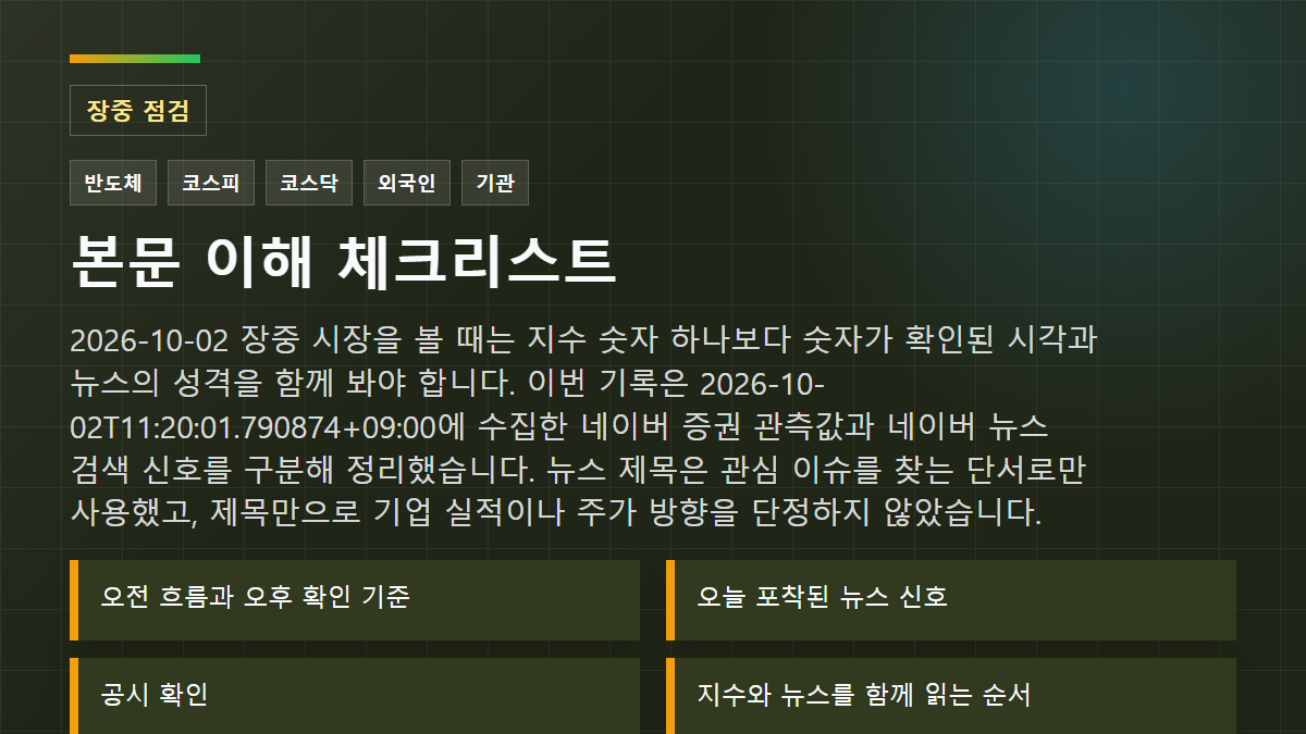 2026-10-02 장중 시장을 볼 때는 지수 숫자 하나보다 숫자가 확인된 시각과 뉴스의 성격을 함께 봐야 합니다. 이번 기록은 2026-10-02T11:20:01.790874+09:00에 수집한 네이버 증권 관측값과 네이버 뉴스 검색 신호를 구분해 정리했습니다. 뉴스 제목은 관심 이슈를 찾는 단서로만 사용했고, 제목만으로 기업 실적이나 주가 방향을 단정하지 않았습니다. 체크리스트: 오전 흐름과 오후 확인 기준; 오늘 포착된 뉴스 신호; 공시 확인