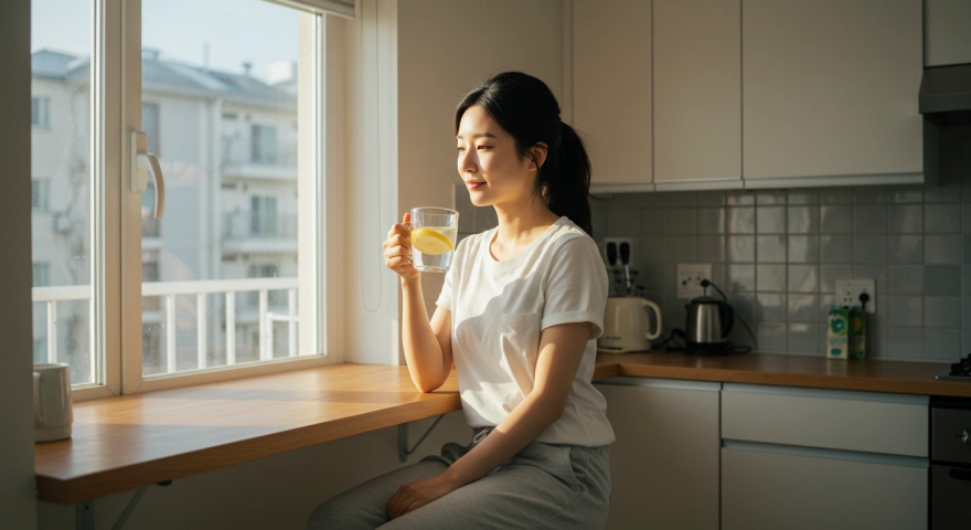 따뜻한 레몬수를 마시며 다이어트를 시작하는 한국인 여성
