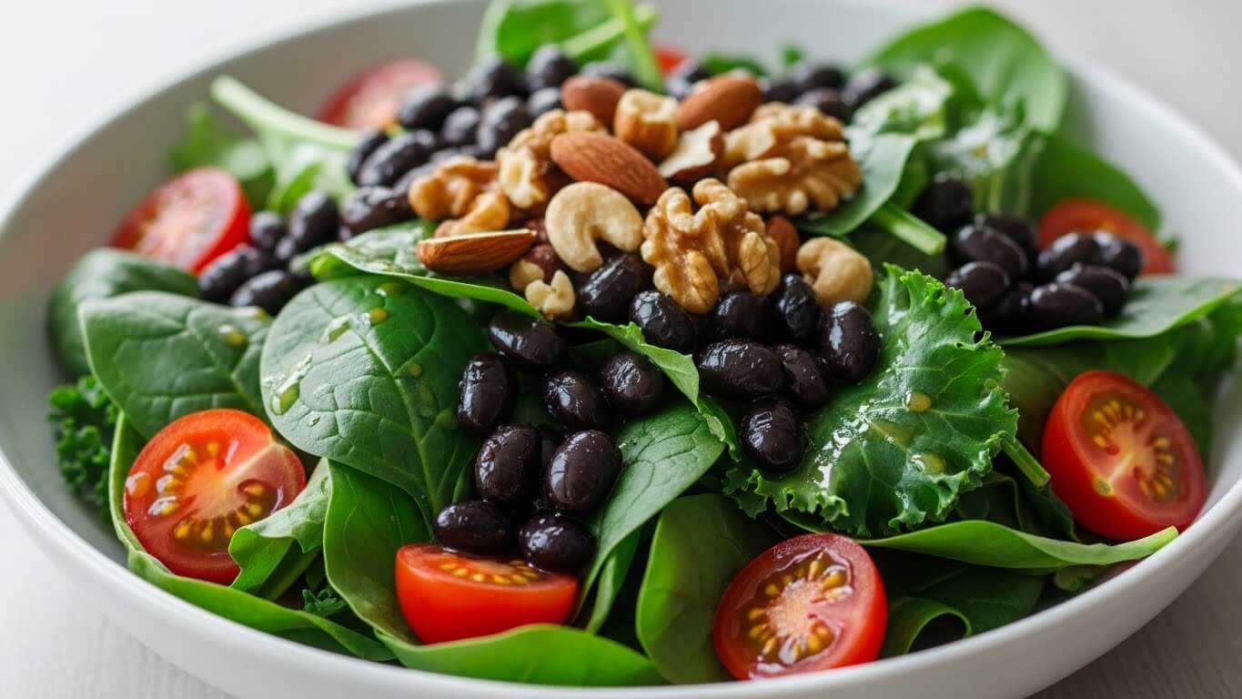 서리태와 시금치, 방울토마토, 견과류를 곁들여 만든 영양 균형 샐러드의 클로즈업 이미지. 신선한 채소와 검은콩이 조화롭게 담겨 있다.