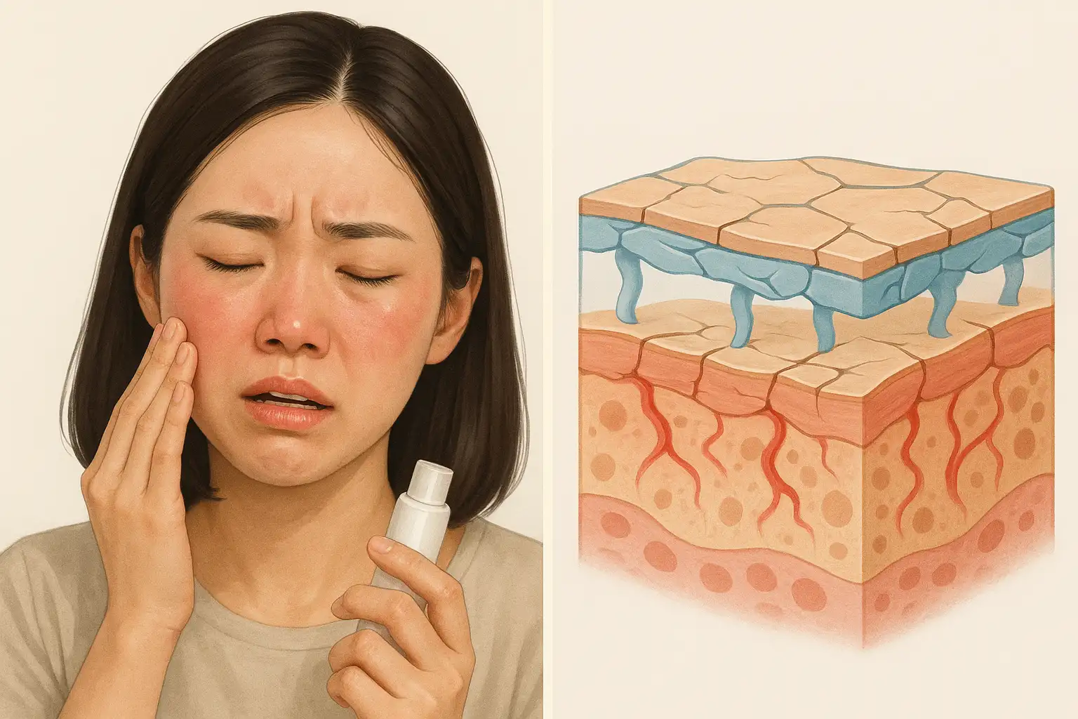 화장품을 바른 직후 얼굴이 붉어지고 따가운 느낌을 호소하는 여성, 피부장벽이 약해진 얼굴 일러스트