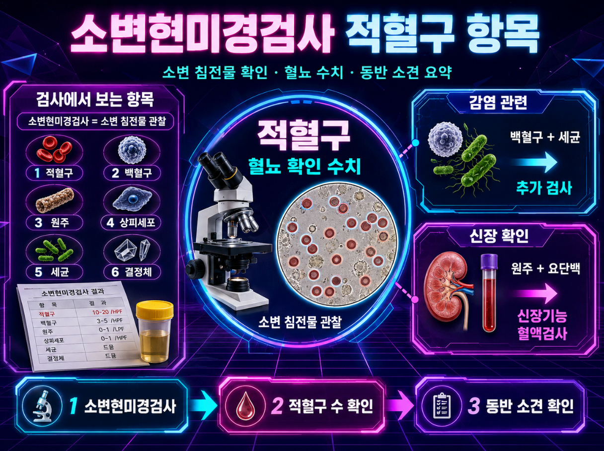 소변현미경검사 적혈구 항목과 백혈구&middot;원주&middot;세균 등 동반 소견을 정리한 신스웨이브 인포그래픽