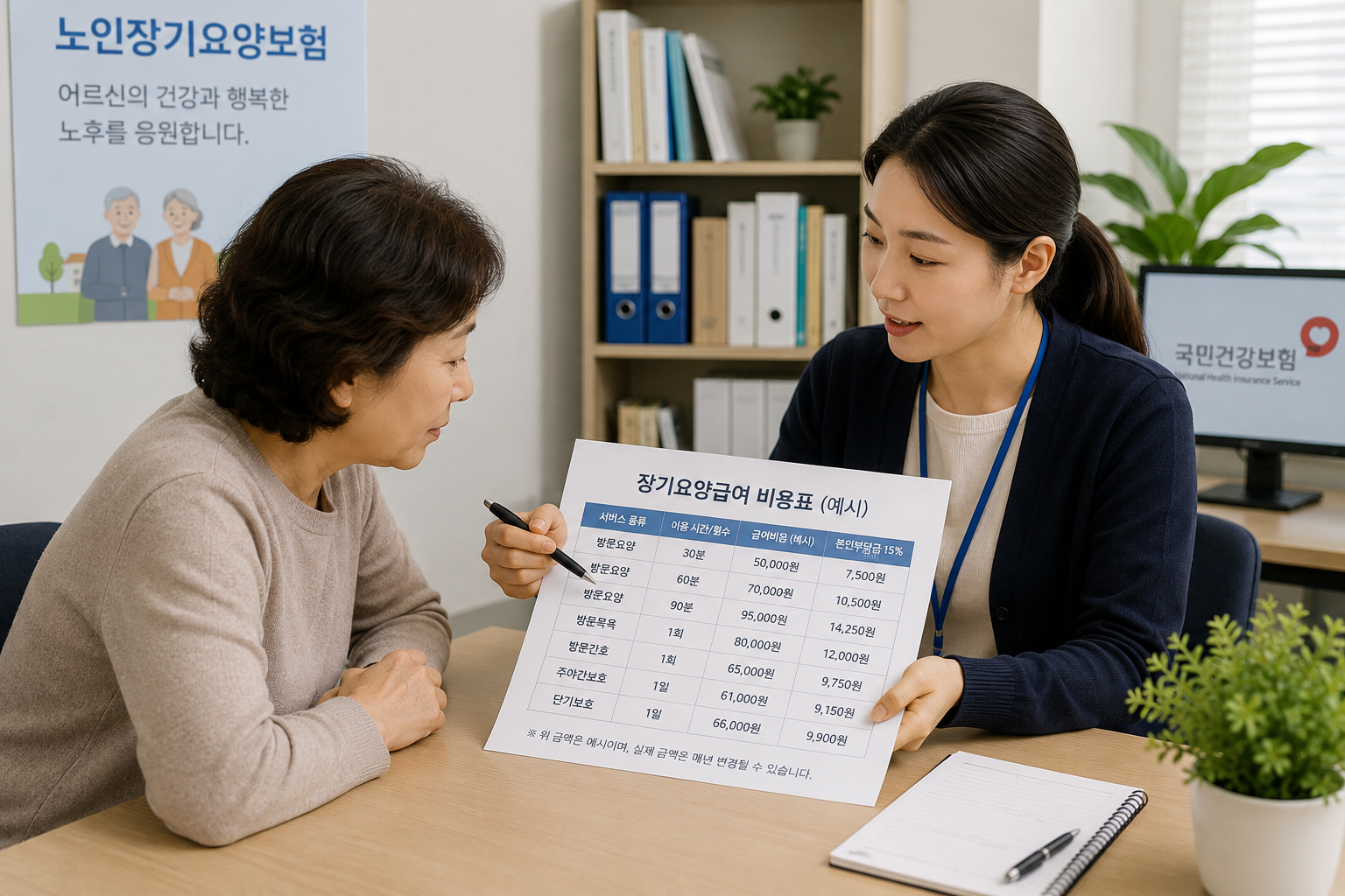 장기요양기관 상담실에서 보호자가 장기요양급여 비용표를 보며 서비스별 급여기준을 확인하는 모습