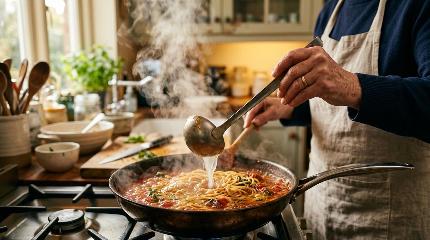 파스타 면수를 소스 팬에 넣어 농도를 조절하는 면수 요리 과정