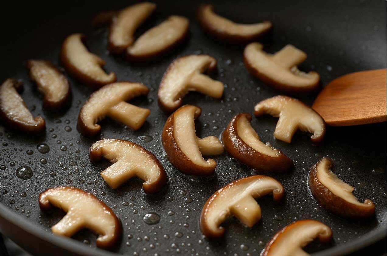프라이팬에서 구워지며 수분이 맺힌 표고버섯 클로즈업 장면.