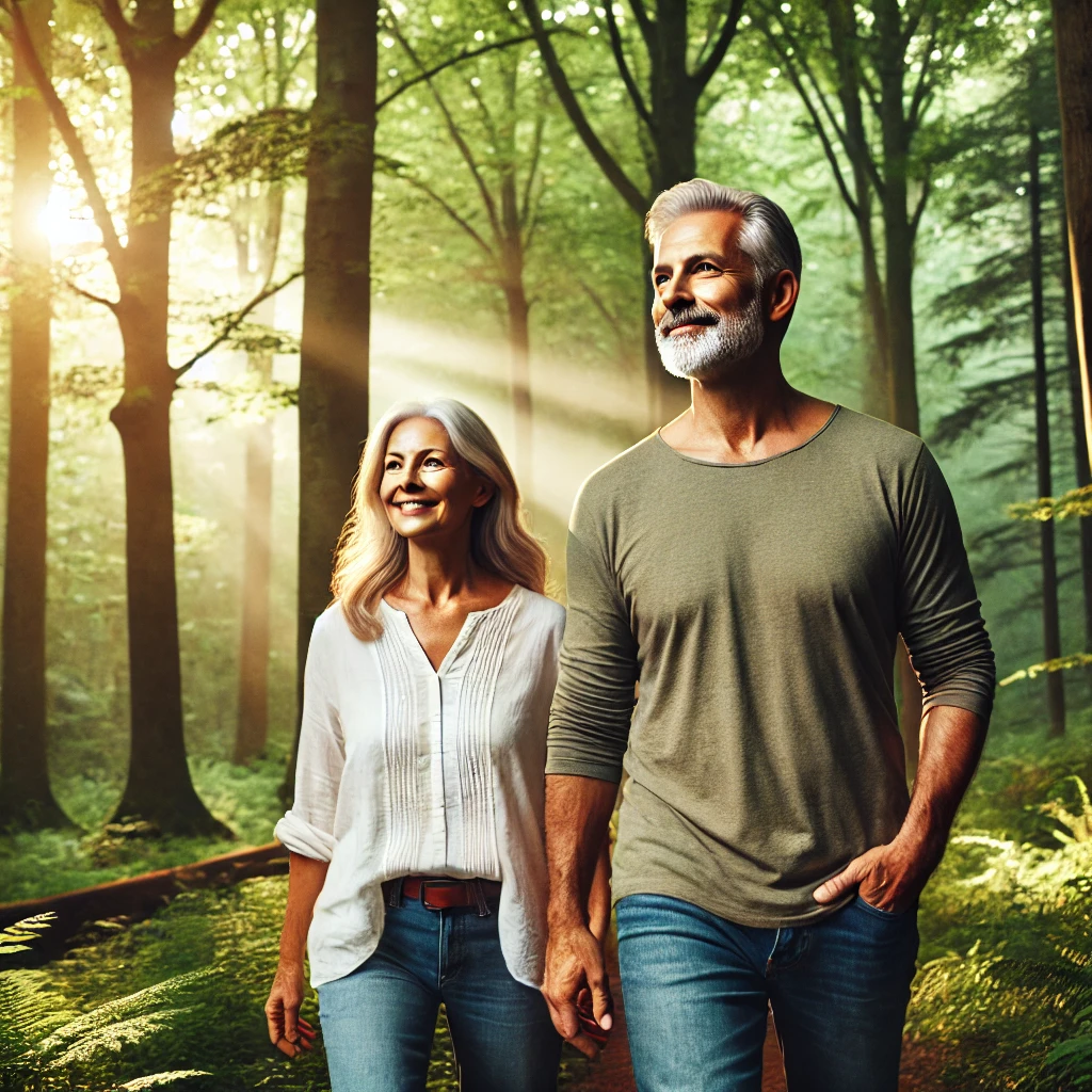 숲 속을 산책하는 중년 부부의 모습