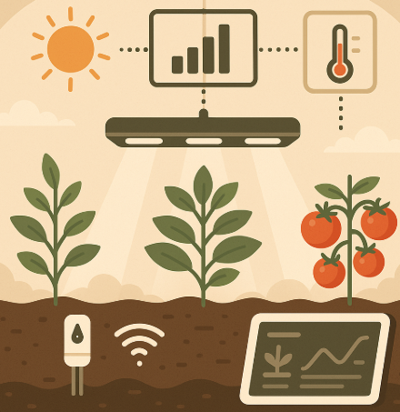 스마트 재배 알고리즘을 표현한 온실 내부 일러스트, 작물 생장 단계와 센서·조명·모니터링 장치가 연결된 모습