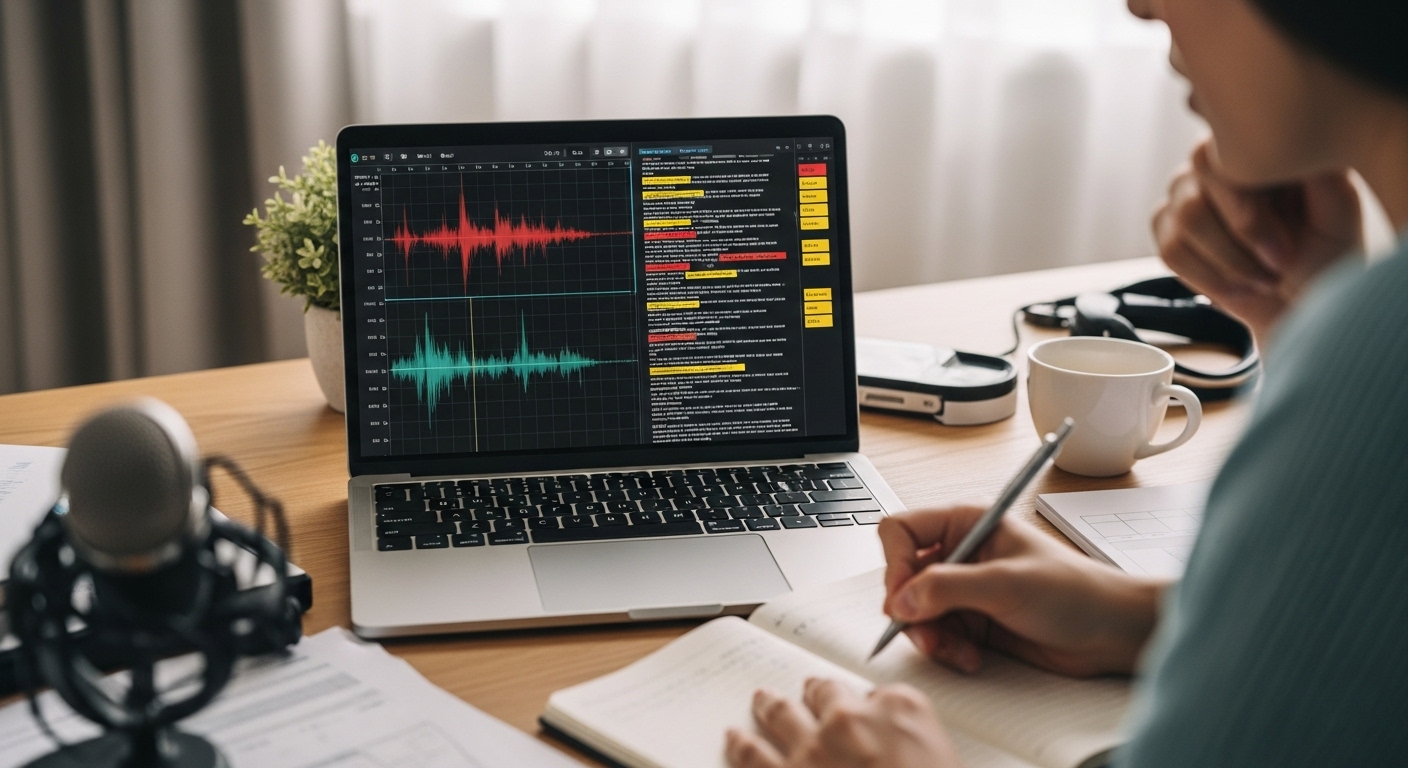 자신의 스피킹 답변을 녹음한 파일을 들으며 문제점을 분석하고 피드백을 정리하는 모습