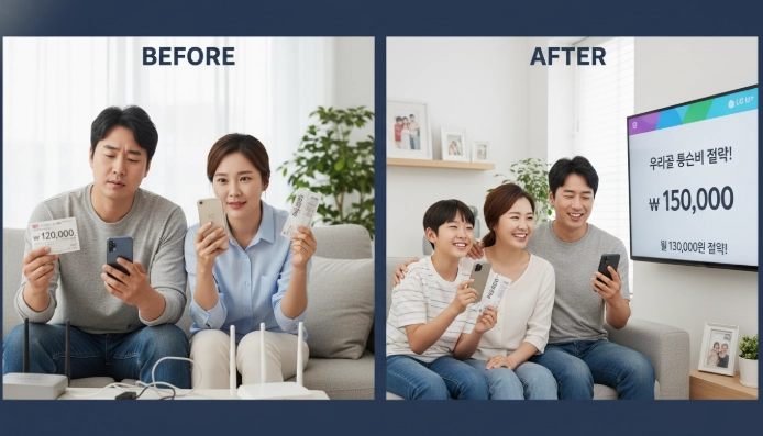 가족 결합 할인을 받기 전 각자 비싼 요금을 내던 모습과, 할인 후 절약된 금액을 확인하며 행복해하는 한국 가족의 비교 이미지.