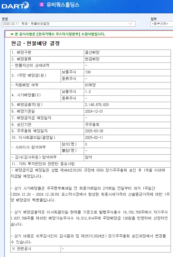 유비쿼스홀딩스(078070) 2025년 배당, 배당금, 배당일, 배당락일