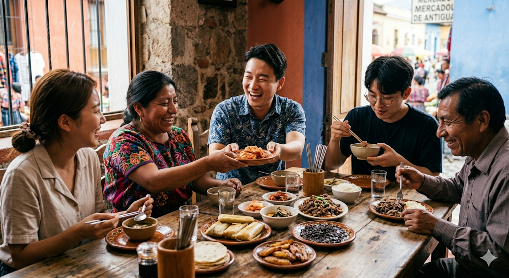 한국인과 중남미 사람들이 함께 식사하는 모습