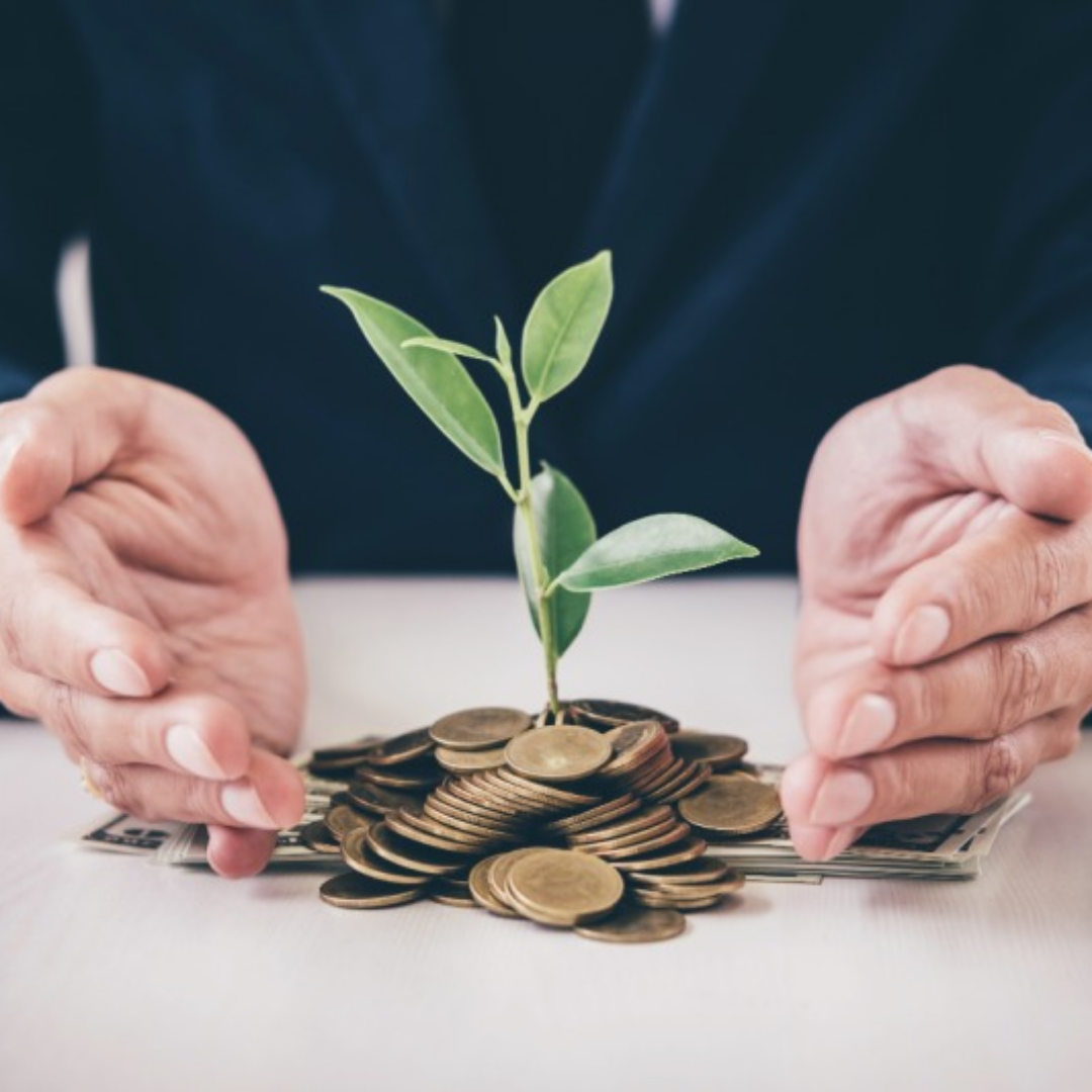 남자가 두 손을 모으고 있고 그 안에 동전들과 새싹이 놓여있다.