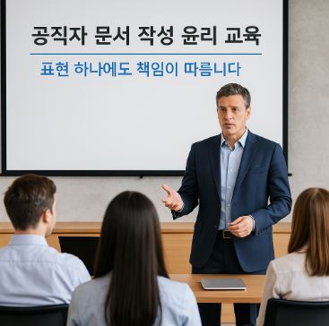공직자 문서 작성 윤리 교육 현장, 남성 강사가 강의 중이며 스크린에 교육 제목이 표시된 회의실 풍경