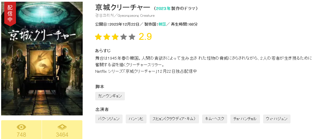 Filmarks 경성크리처 파트2까지의 일본평점