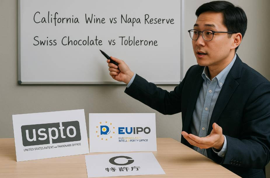 해외 품질&middot;산지 상표 사례를 비교하는 장면