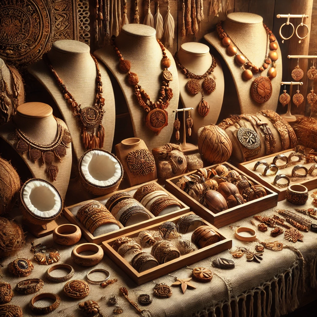 코코넛 껍질로 만든 다양한 악세서리와 장신구가 진열된 모습