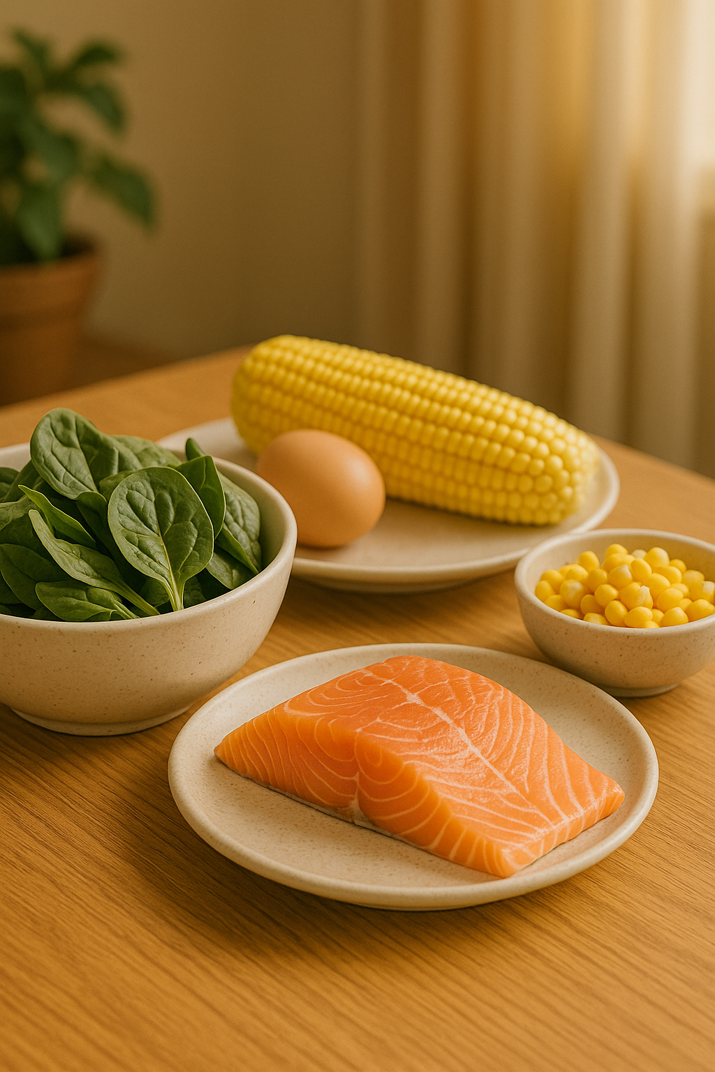 눈 건강에 좋은 식품(시금치, 연어, 옥수수 등)이 놓인 식탁