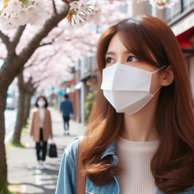 알레르기비염으로 마스크를 하고 꽃나무 아래를 걷는 여성