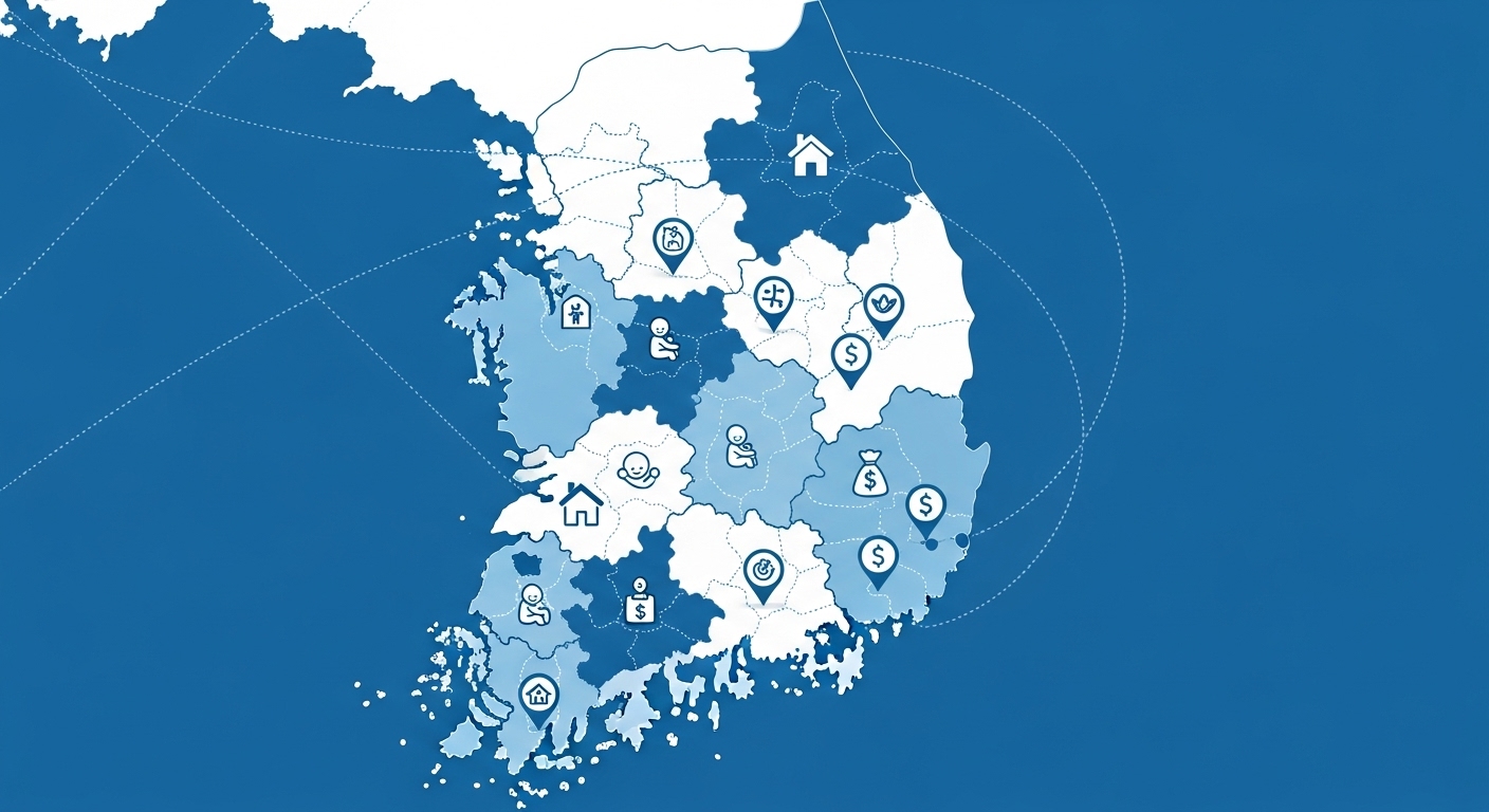 대한민국 지도 위에 각 지역별로 신혼부부 주거, 출산 등 지원 혜택을 상징하는 아이콘이 표시된 모습
