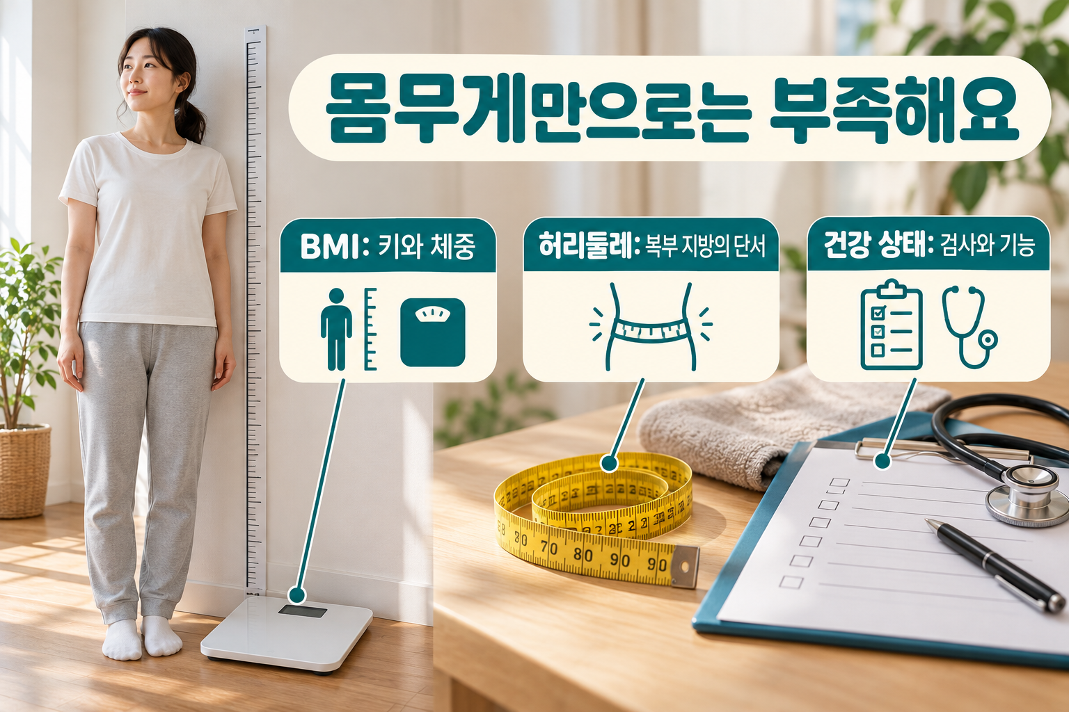 키와 체중으로 계산하는 BMI, 허리둘레, 검진과 움직임을 서로 다른 정보로 나누어 보여 준 구성