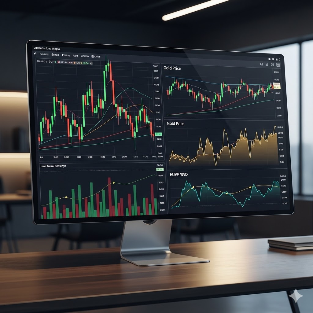 A high-end financial workstation featuring real-time gold price tracking and Swiss currency strength indicators on multiple monitors.