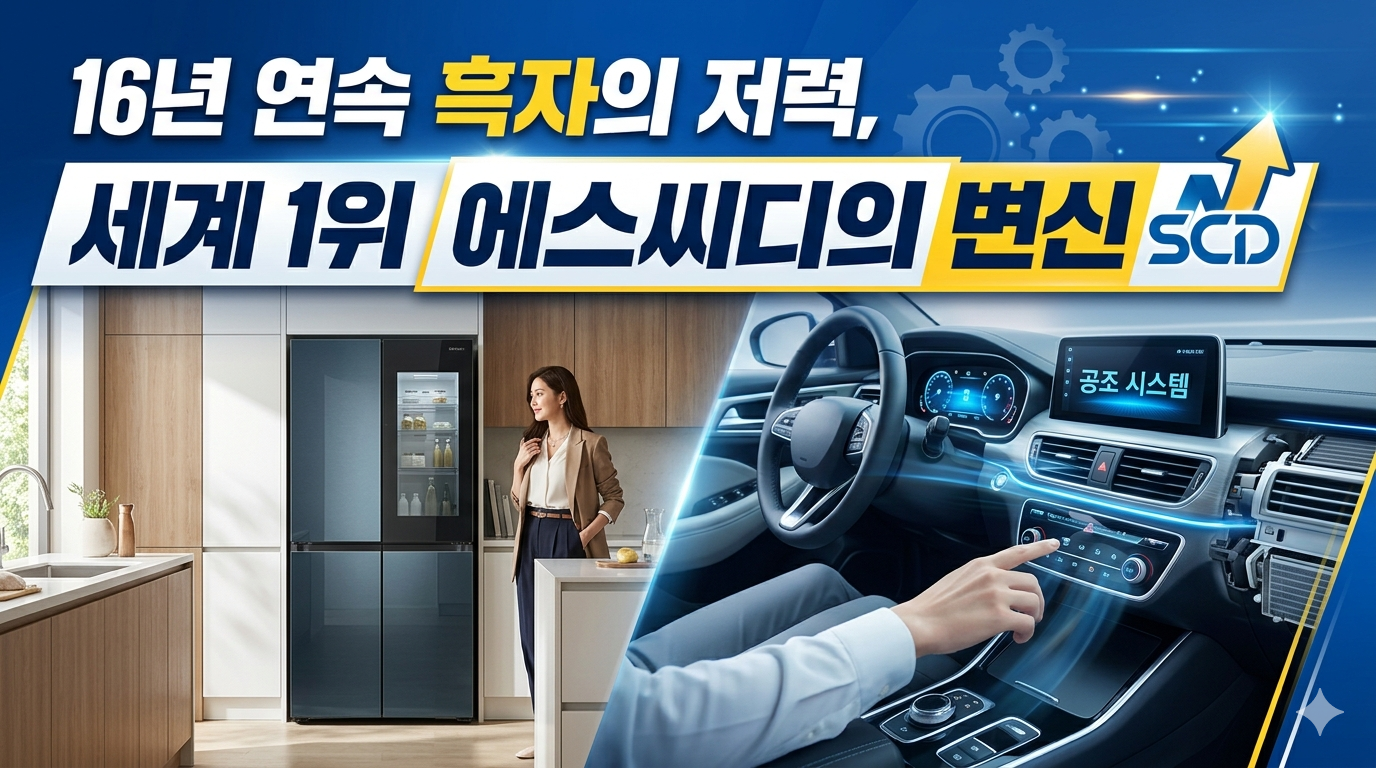 세련된 주방의 프리미엄 냉장고와 전기차 공조 시스템 이미지가 합성된 블로그 썸네일. '16년 연속 흑자의 저력, 세계 1위 에스씨디의 변신' 문구 강조