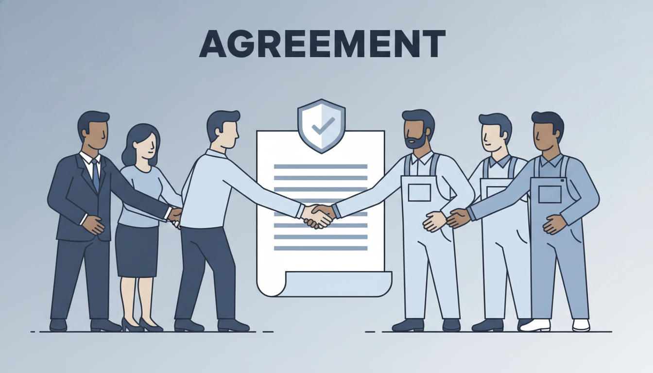 노사와 경영진이 문서를 두고 협의하는 모습을 담은 일러스트