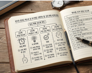 번아웃 증후군 극복하는 법과 무기력증 해소 방법을 위해 자가 진단 테스트와 '5분 지연', '가치 기록' 전략을 도표로 정리한 집중 노트와 아날로그 시계 사진