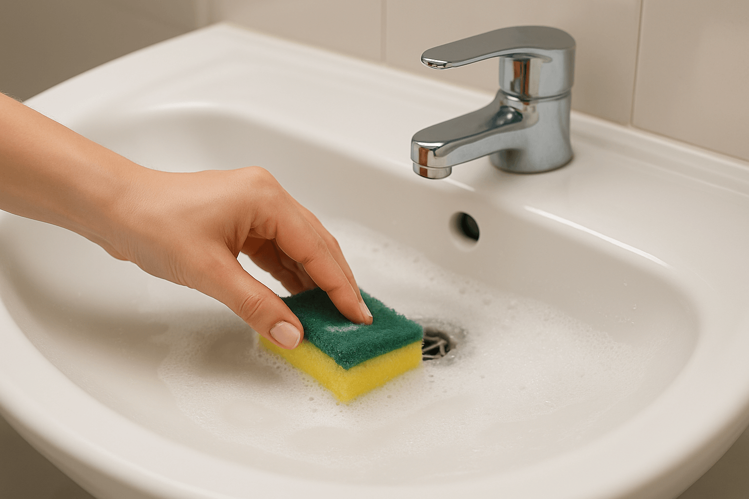 작은 비누 조각을 수세미에 문질러 세면대 청소하는 모습