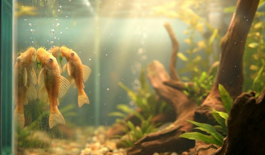 안시가 어항 벽에 붙어 있는 이미지