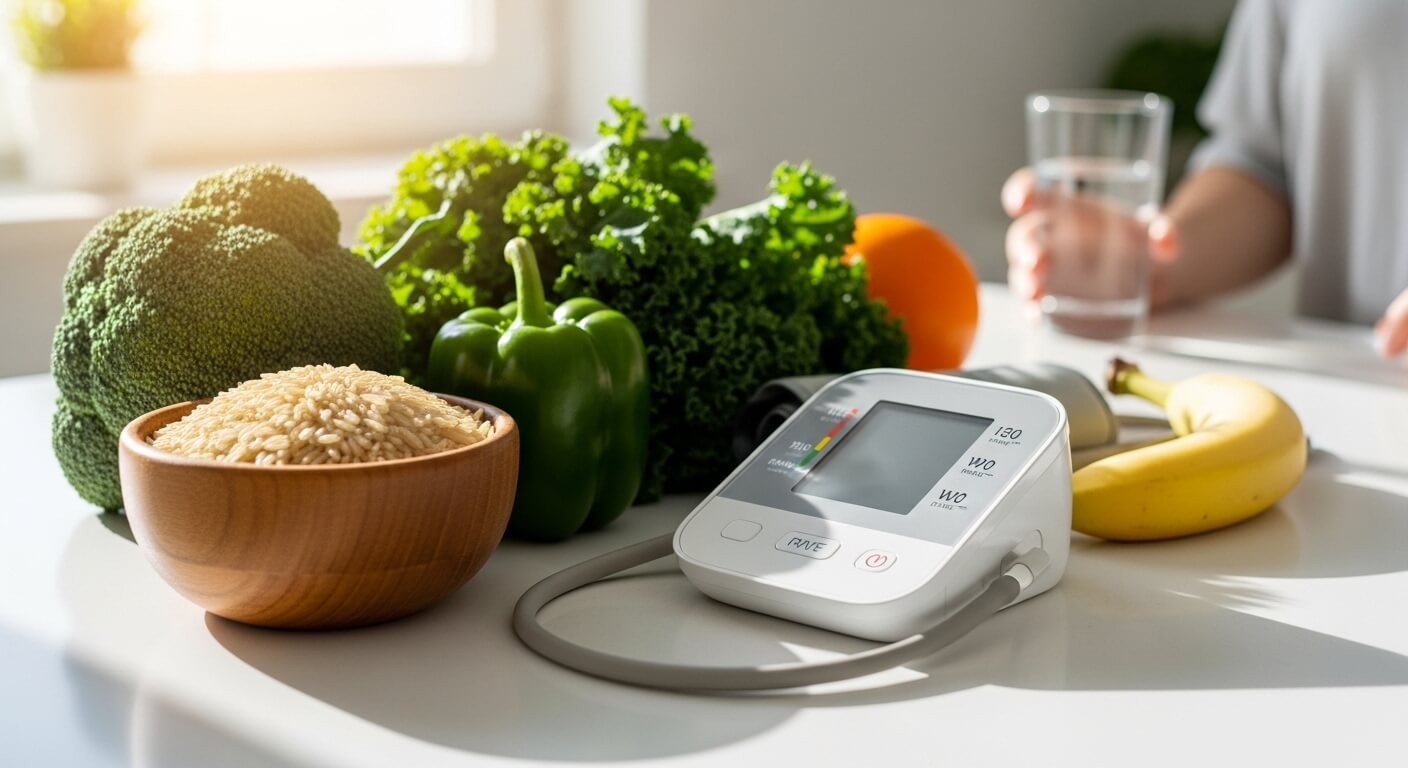 브로콜리,피망,채소와협압기, 바나나,현미쌀 등이 테이블위에 노여있다