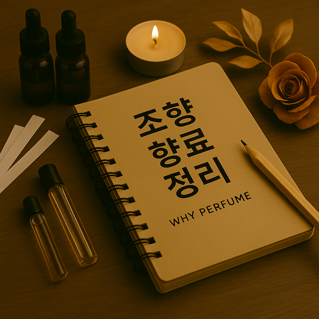 조향 향료 정리 노트와 향수 제작 도구가 테이블 위에 놓여 있는 따뜻한 분위기의 사진. WHY PERFUME 텍스트와 함께 향수 향료를 주제로 한 블로그 썸네일 이미지.