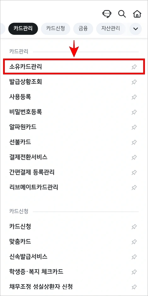 메뉴에서 '소유카드관리'를 선택