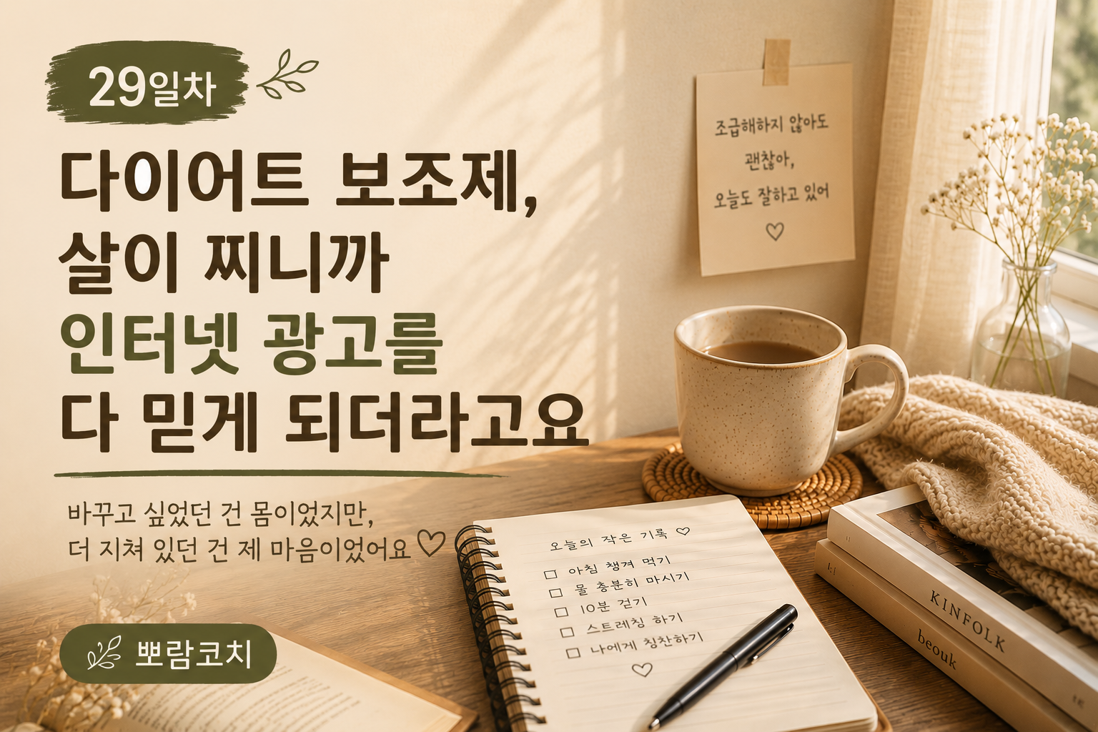다이어트 보조제 광고를 보며 흔들렸던 시절과 작은 습관의 중요성을 떠올리는 따뜻한 감성 이미지