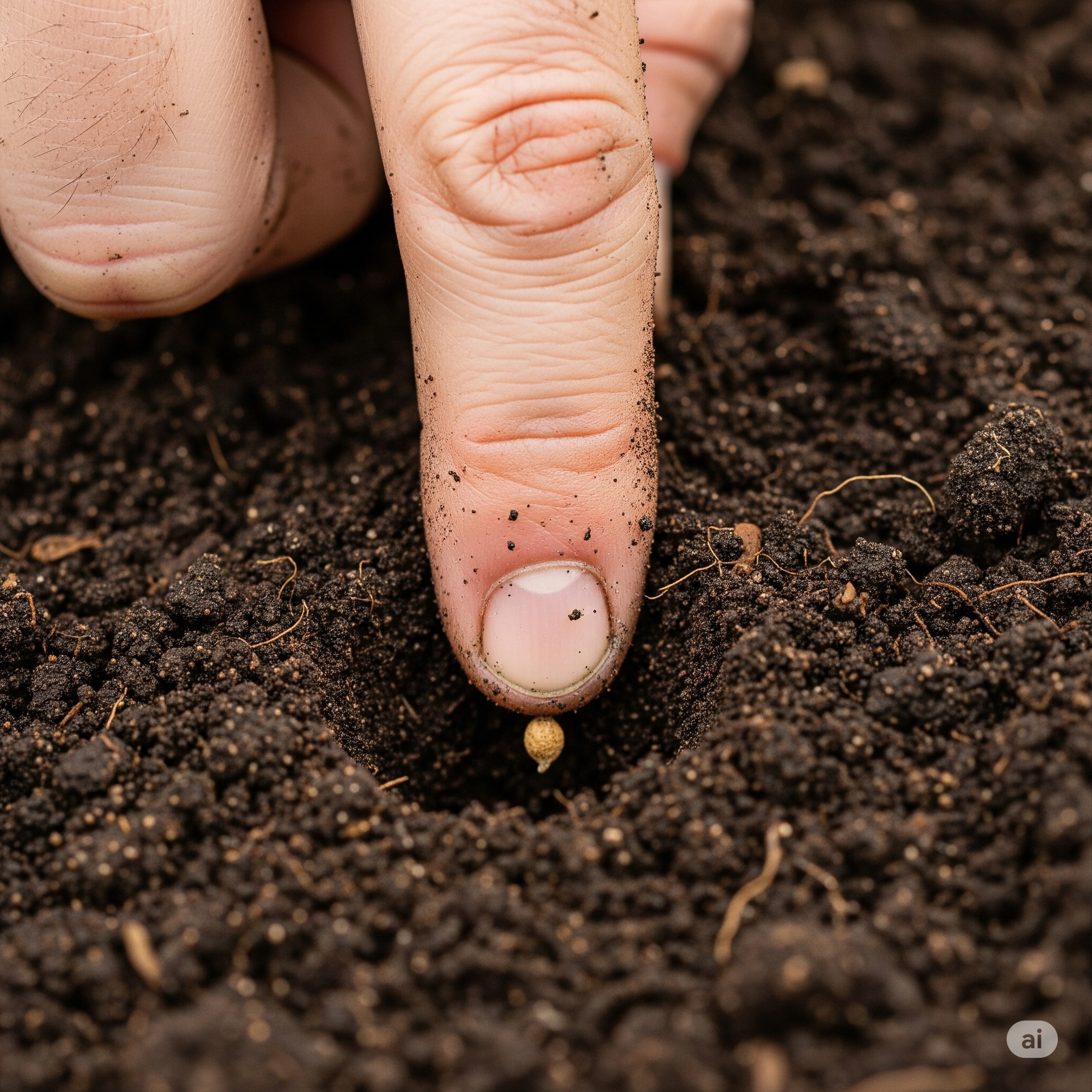 흙에 손가락으로 작은 구멍을 내고 가을무 씨앗을 넣는 클로즈업 사진