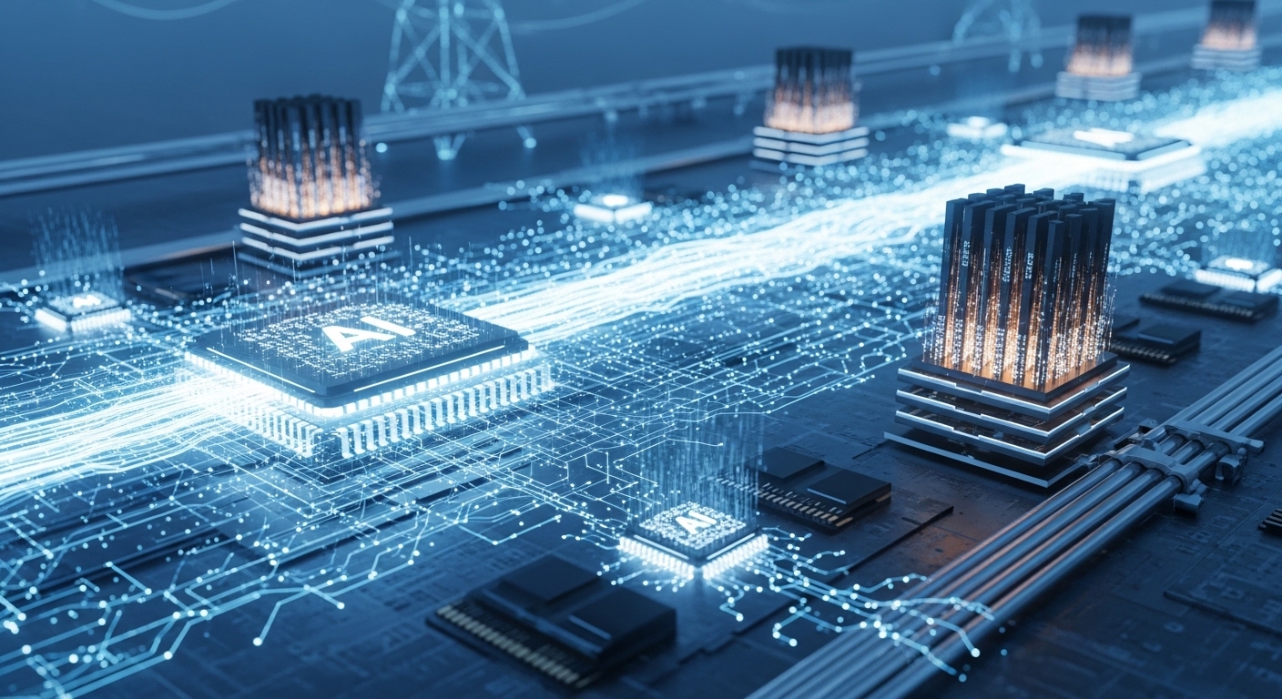 초고속 데이터 전송을 위한 HBF 기술과 이를 지원하는 첨단 전력 인프라를 형상화한 이미지. AI 반도체 칩들이 빛나는 데이터 연결망으로 엮여 있으며, 대한전선의 기술력이 AI 시대의 핵심임을 암시합니다.