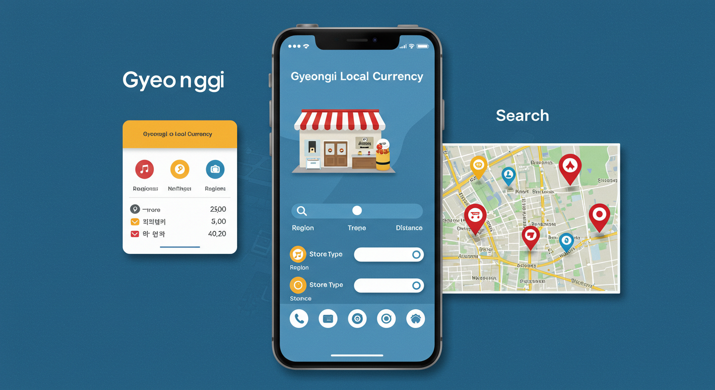 경기지역화폐 앱으로 오프라인 가맹점을 찾는 검색 화면 일러스트