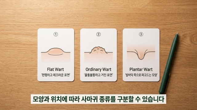 평편사마귀 특징 납작한 형태 여러 개 군집 일반 사마귀 비교 이미지