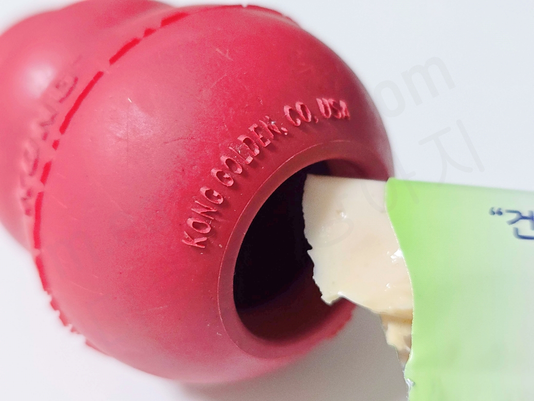 장난감 속에 간식을 채워 넣는 모습