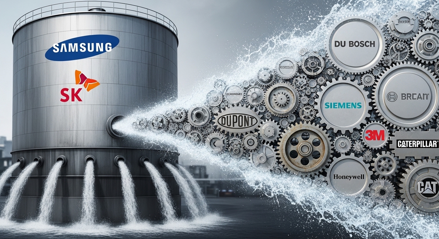 Image of water gushing from a giant water tank (SamsungSK logos) through pipes, vigorously turning small gears (materials, parts, and equipment companies).