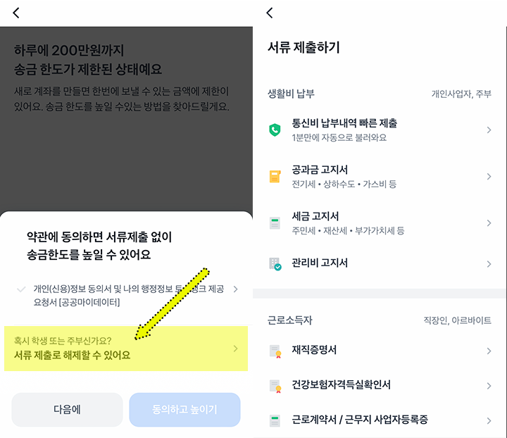 토스뱅크 한도제한 제출 서류 목록