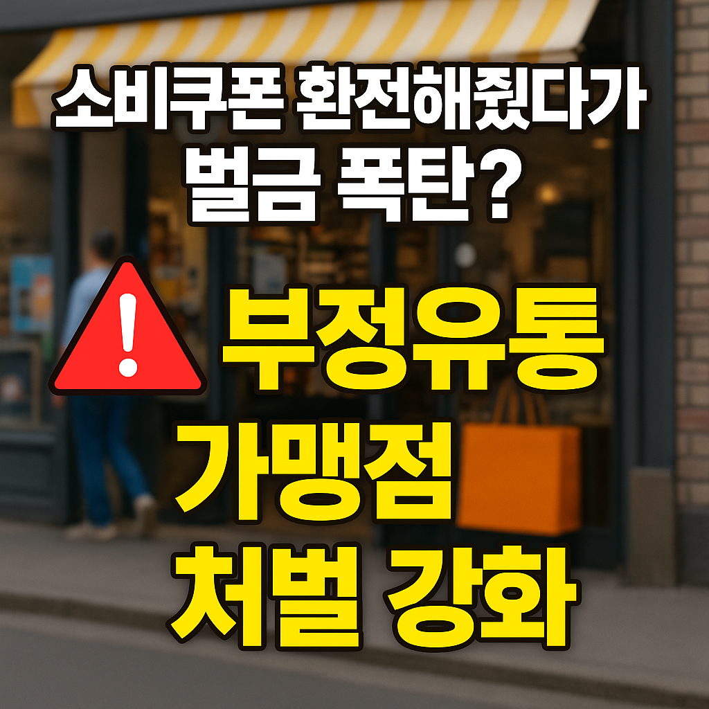 소비쿠폰 환전 가맹점 처벌 강화 경고 메시지를 담은 상점 배경의 썸네일 이미지